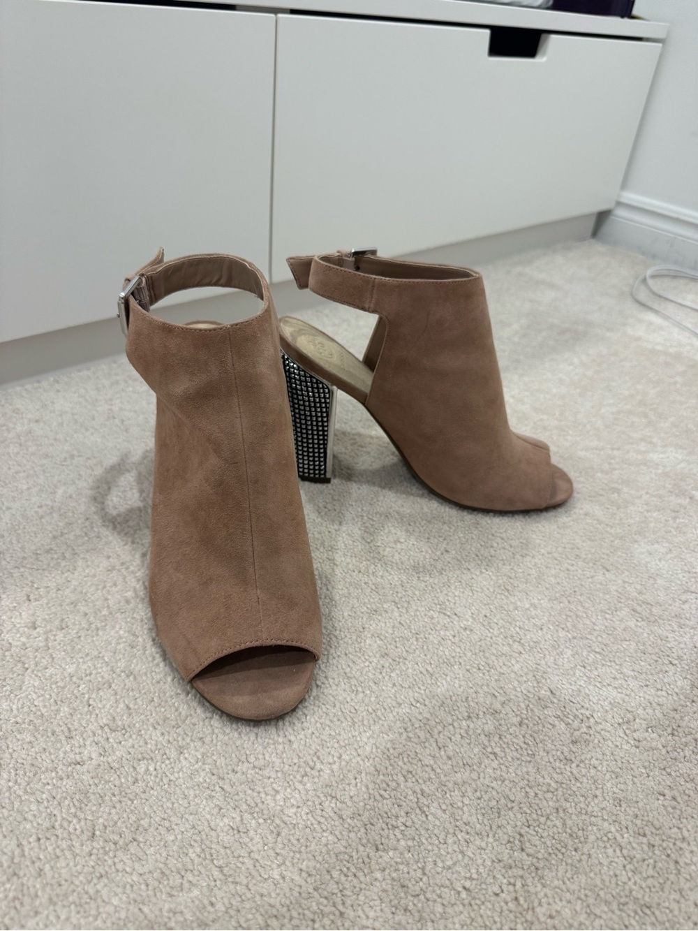 Guess Open-Toe Suede Ankle Booties in Brown with Rhinestone Block Heel